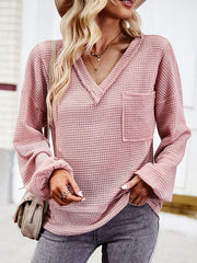 Elasticity Pockets Solid Color Split-Joint Long Sleeves Loose V-Neck T-Shirts Tops
