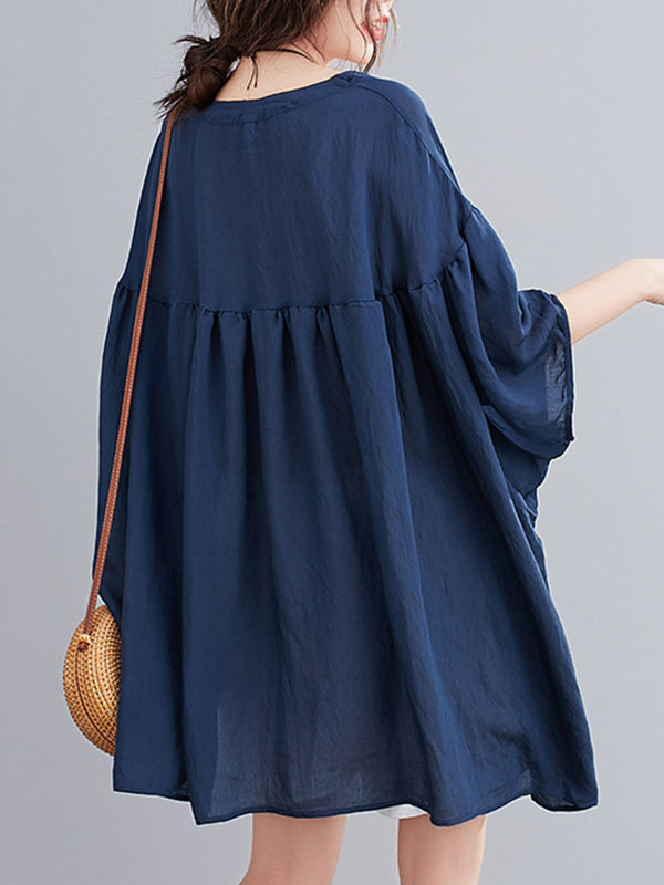 Pleated See-Through Solid Color Half Sleeves Loose Round-neck Blouses&shirts Tops