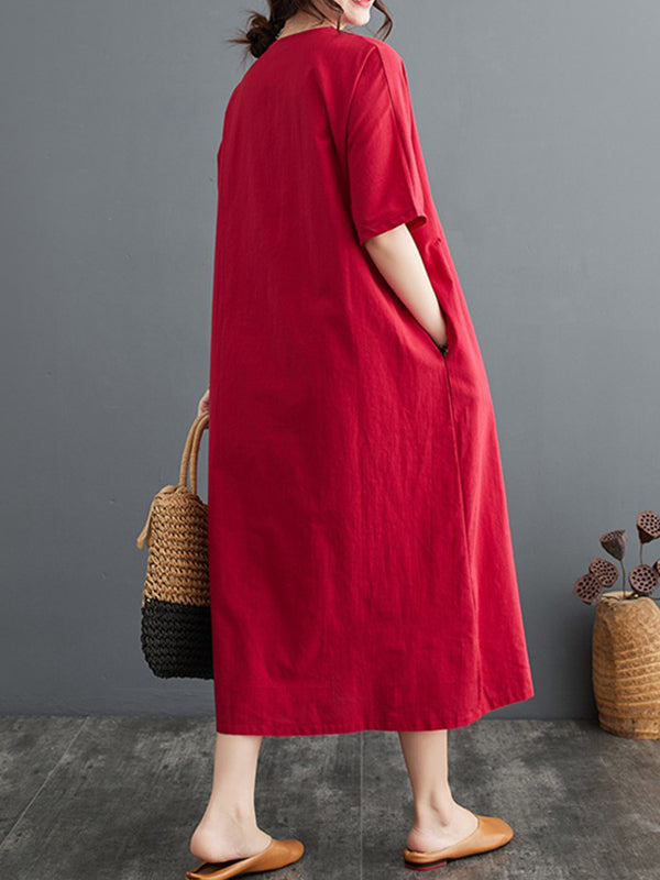 Chinese Frog Buttons Pockets Solid Color Split-Side A-Line Loose V-Neck Midi Dresses