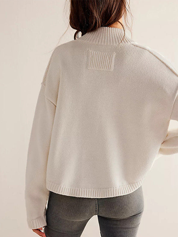 Buttoned Pockets Solid Color Split-Joint Long Sleeves Loose Stand Collar Cardigan Tops