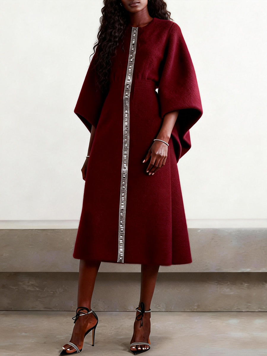 Contrast Color Pleated Printed Split-Joint Batwing Sleeves Elasticated Waist Round-Neck Midi Dresses