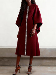 Contrast Color Pleated Printed Split-Joint Batwing Sleeves Elasticated Waist Round-Neck Midi Dresses