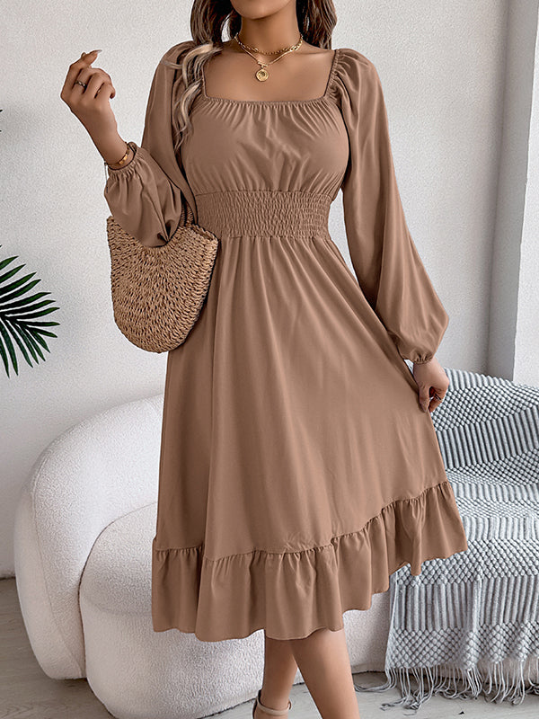 Pleated Ruffled Solid Color A-Line Elasticated Waist Square-Neck Midi Dresses