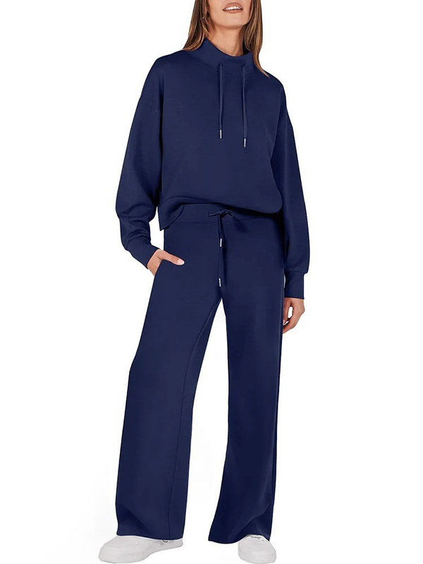 Drawstring Split-Joint High Waisted Long Sleeves Sweatshirt + Pants/Trousers Two Pieces Set