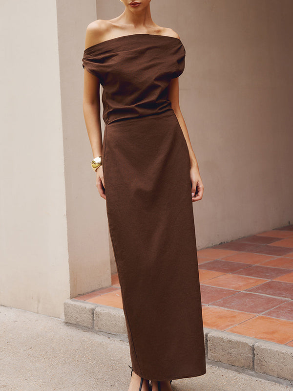 Pleated Solid Color Split-Back Split-Joint Loose Off-The-Shoulder Maxi Dresses