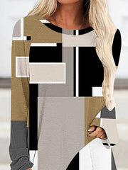 Plaid Printed High-low Long Sleeves Round-neck T-Shirts Tops