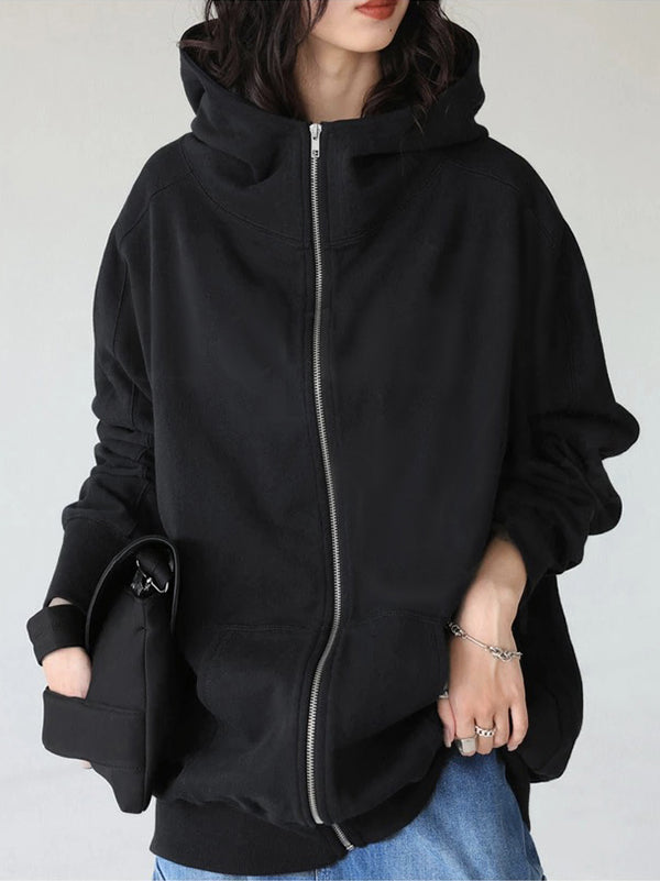 Solid Color Zipper Hooded Long Sleeves High-neck Outerwear Jackets
