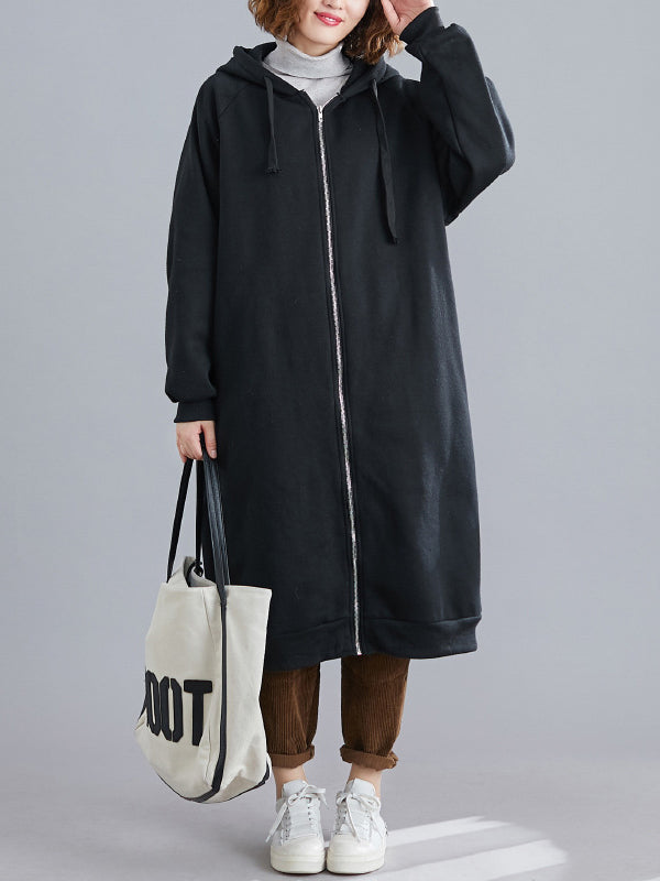 Casual Loose Long Sleeves Solid Color Hooded Outerwear