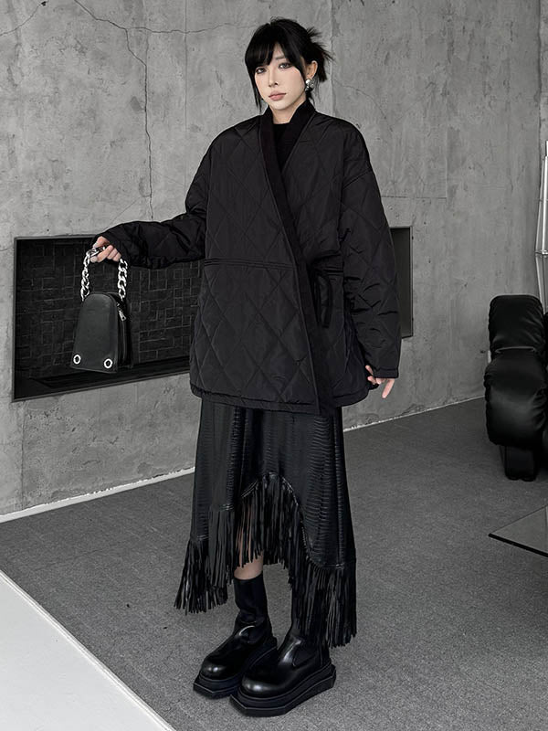 Plaid Quilted Solid Color Split-Joint Tied Long Sleeves Loose Collarless Padded Coat Outerwear