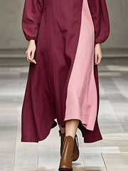 Contrast Color Split-Joint Loose Puff Sleeves High Neck Maxi Dresses