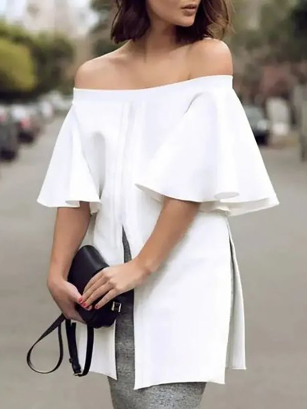 Elasticity Solid Color Split-front Split-side Flared Sleeves Half Sleeves Off-the-shoulder Blouses&shirts Tops