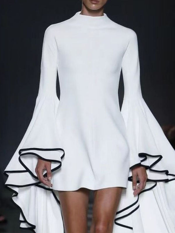 Solid Color Flared Sleeves Long Sleeves Stand Collar Mini Dresses