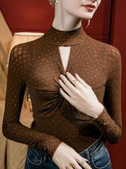 Hollow Knot Polka-Dot Rhine Stones Split-Joint Long Sleeves Plus Size Mock Neck T-Shirts Tops