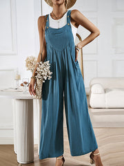 Pleated Pockets Split-Joint Loose Sleeveless Spaghetti-Neck Overalls