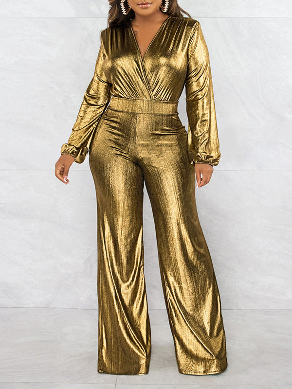 Elasticity Shiny Solid Color Bodycon High Waisted V-Neck Jumpsuits