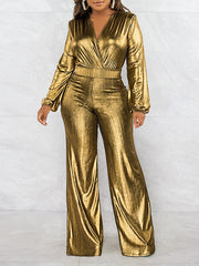 Elasticity Shiny Solid Color Bodycon High Waisted V-Neck Jumpsuits