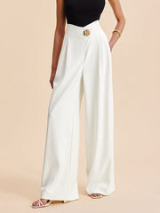 High Waisted Loose Buttoned Pleated Solid Color Pants Trousers