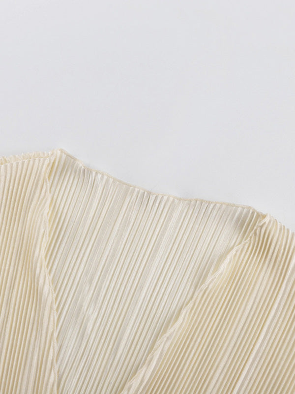 Lace-Up Pleated Solid Color Split-Joint Long Sleeves Loose Deep V-Neck Blouses&Shirts Tops