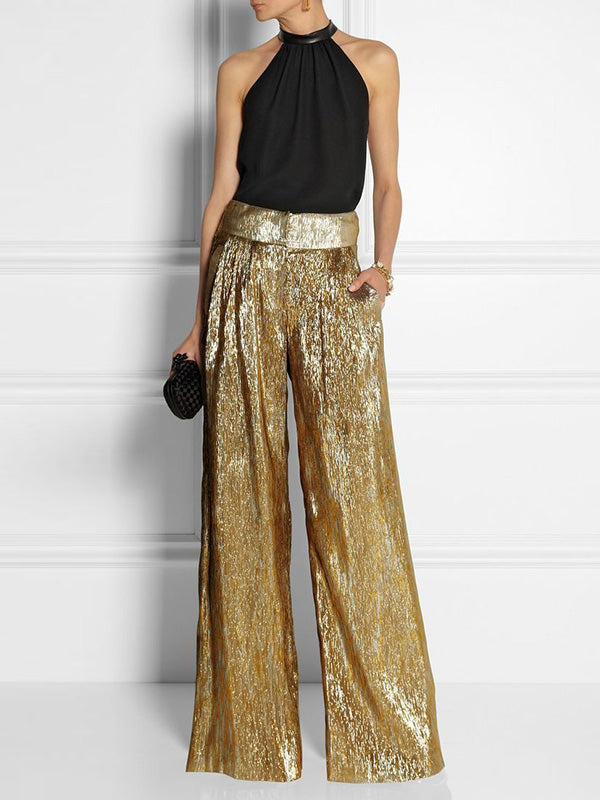 Shiny High Waisted Loose Trousers Pants