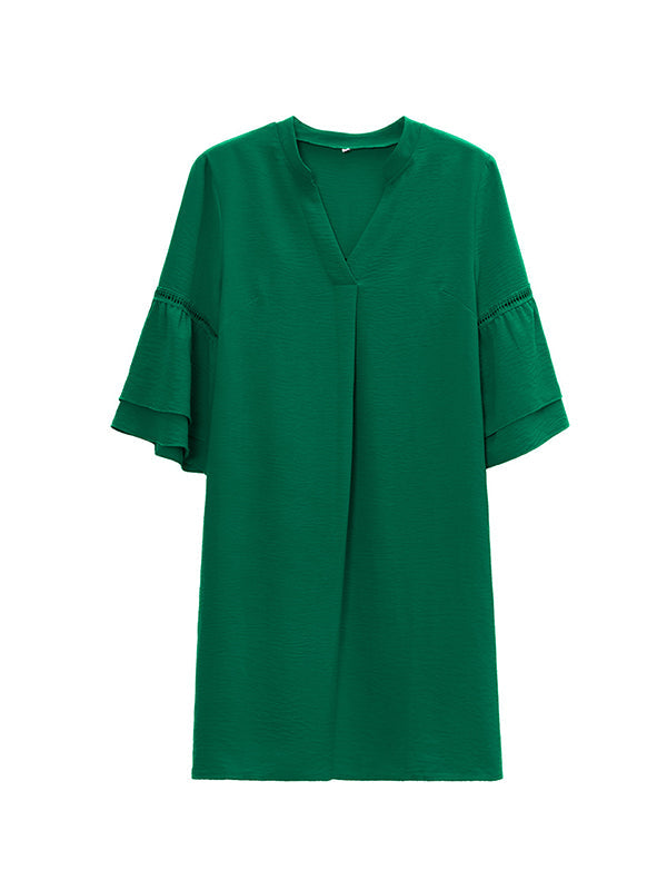 Hollow Solid Color Split-Joint Flared Sleeves Loose V-Neck Mini Dresses
