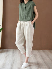 Solid Color Cap Sleeve High-Low Stand Collar Blouses&Shirts Tops