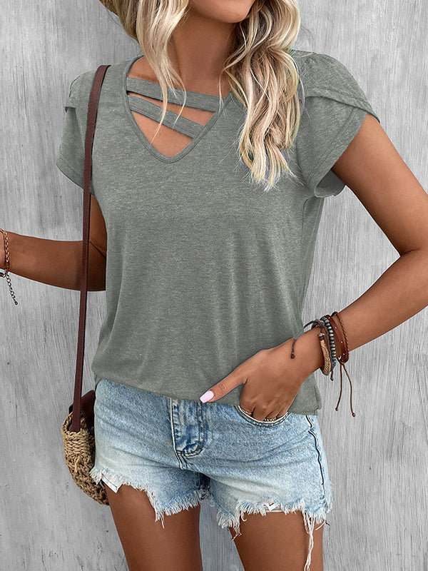 Solid Color Loose Short Sleeves V-neck T-Shirts Tops