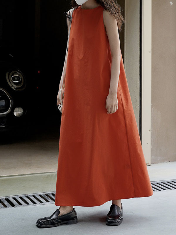 Solid Color Loose Sleeveless Round-Neck Midi Dresses