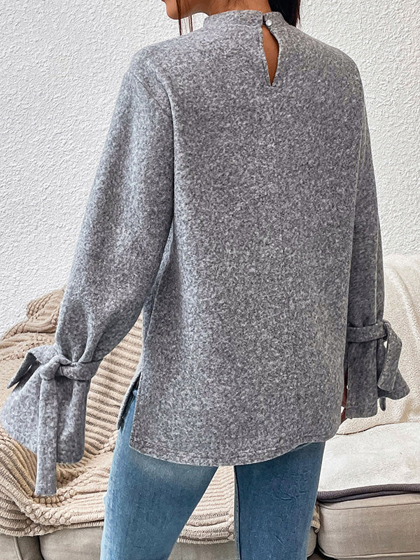Casual Loose Long Sleeves Solid Color Stand Collar T-Shirts Tops