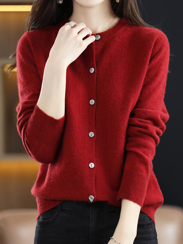Buttoned Elasticity Long Sleeves Round-Neck Knitwear Cardigan Tops