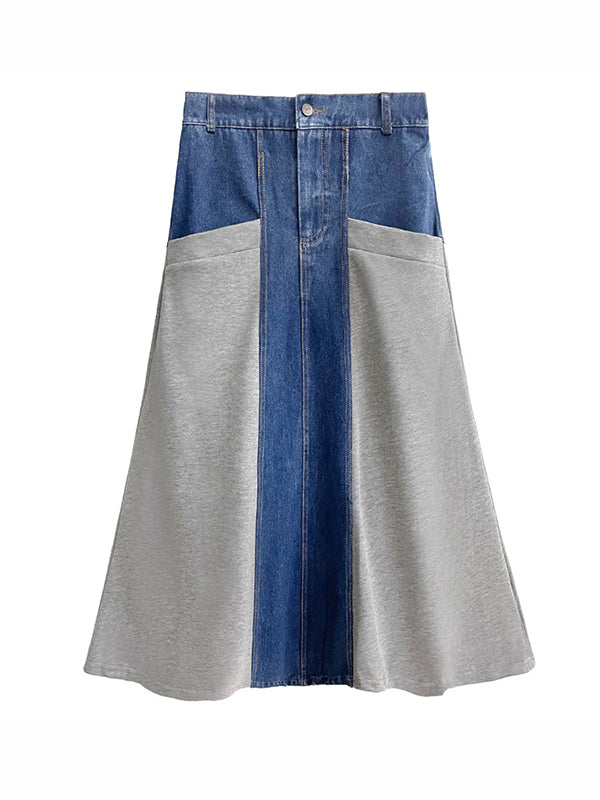 Buttoned Contrast Color Split-Joint A-Line Loose Denim Skirts Bottoms