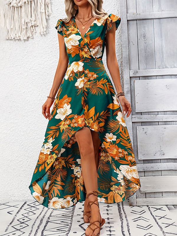 Flower Print Split-Joint High-Low Loose V-Neck Maxi Dresses
