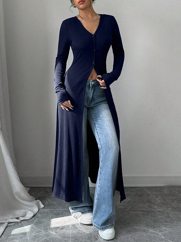 Buttoned Solid Color Split-Front Long Sleeves Skinny V-Neck T-Shirts
