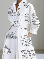 Long Sleeves Loose Letter Print Lapel Midi Shirt Dresses