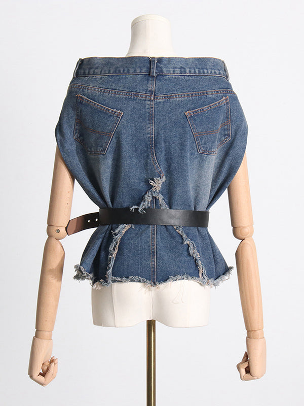 Buttoned Fringed Loose Sleeveless Belted Pockets Boat Neck Vest Top + Pants Bottom Two Pieces Set
