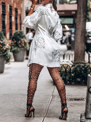 Buttoned High-Waisted Letter Print Half Sleeves Loose Lapel Shirt Dress Mini Dresses