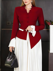 Elasticated Waist Flared Sleeves Asymmetric Belted Buttoned Contrast Color Split-Joint Stand Collar Blouses&Shirts Tops