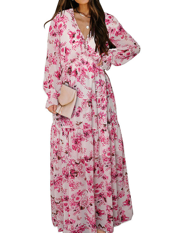 Flower Print Pleated Ruffled High Waisted Long Sleeves V-Neck Maxi Dresses