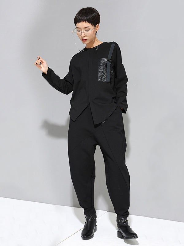 Loose Long Sleeves Split-Front Round-Neck T-Shirts Tops
