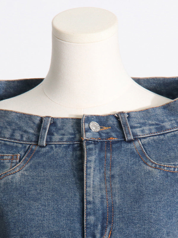 Asymmetric Split-joint Fringed Boat Neck Vest Top+ High Waisted Belted Jeans Bottom Two Pieces Set