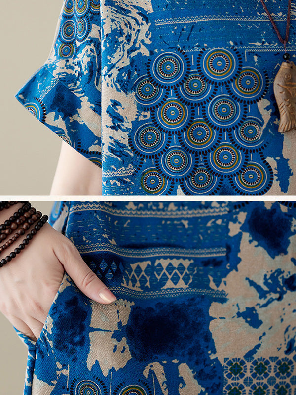 Original Loose Short Sleeves Contrast Color Printed Round-Neck Midi Dresses