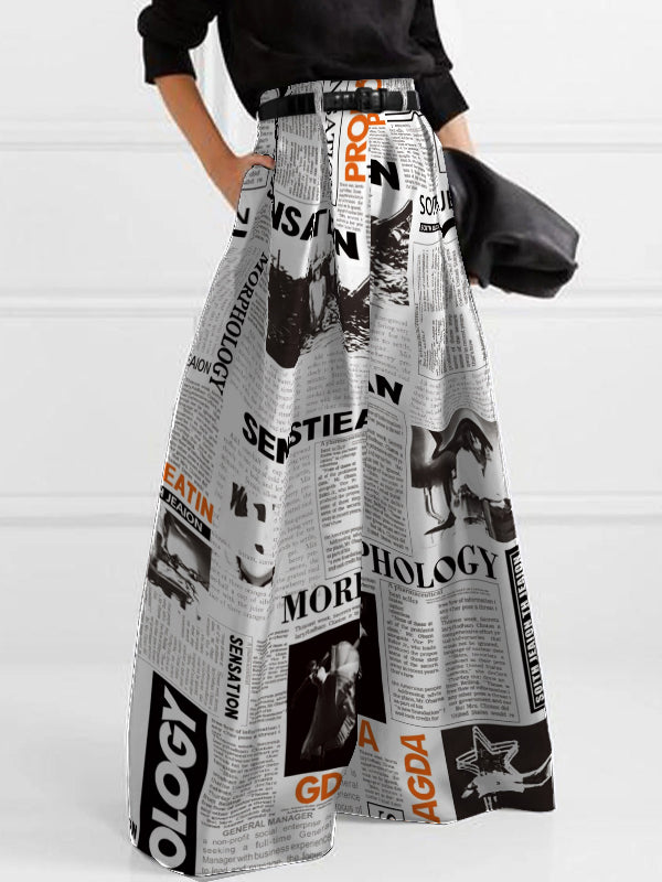 High Waisted Loose Newspaper Print Pleated Pants Trousers