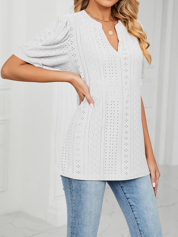 Hollow Solid Color Bishop Sleeve Loose V-neck T-Shirts Tops