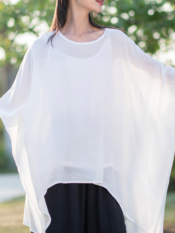 See-Through Solid Color Half Sleeves High-Low Round-Neck Blouses