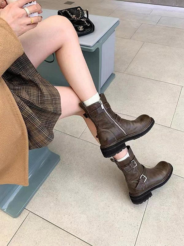 Belt Buckle Round-Toe Split-Joint Zipper Boots