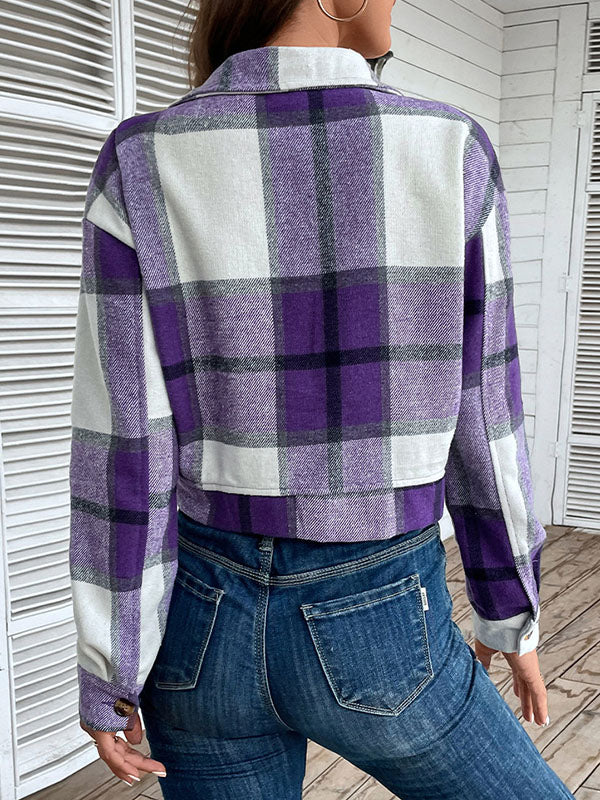 Buttoned Plaid Pockets Split-Joint Long Sleeves Loose Lapel Outerwear Jackets