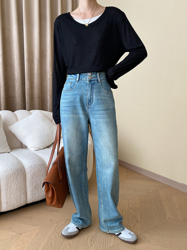 Asymmetric Contrast Color Split-Joint Fake Two-Piece Long Sleeves Round-Neck T-Shirts