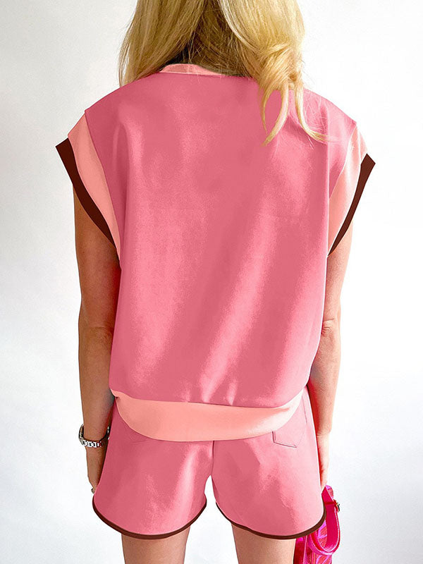 Contrast Color Elasticity Loose Short Sleeves Round-Neck T-shirt + Shorts Two Pieces Set