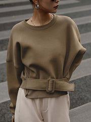 Belt Buckle Solid Color Long Sleeves Loose Round-Neck Sweatshirt Tops