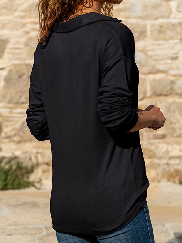 Solid Color Split-Joint Long Sleeves Loose Lapel T-Shirts Tops