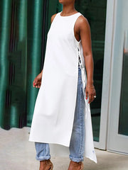 High-Low Loose Lace-Up Solid Color Split-Joint Split-Side Round-Neck Vest Top